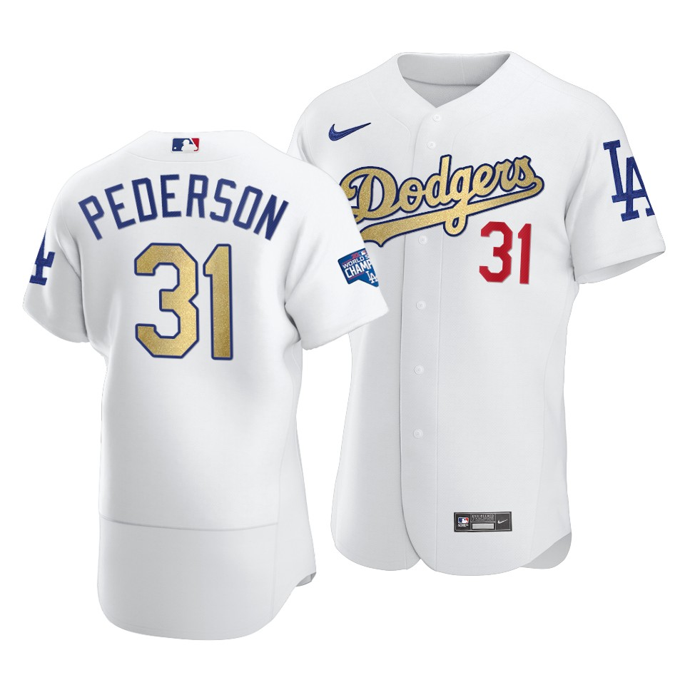 Men's Los Angeles Dodgers #31 Joc Pederson 2021 White Gold World Series Champions Patch Sttiched Jersey